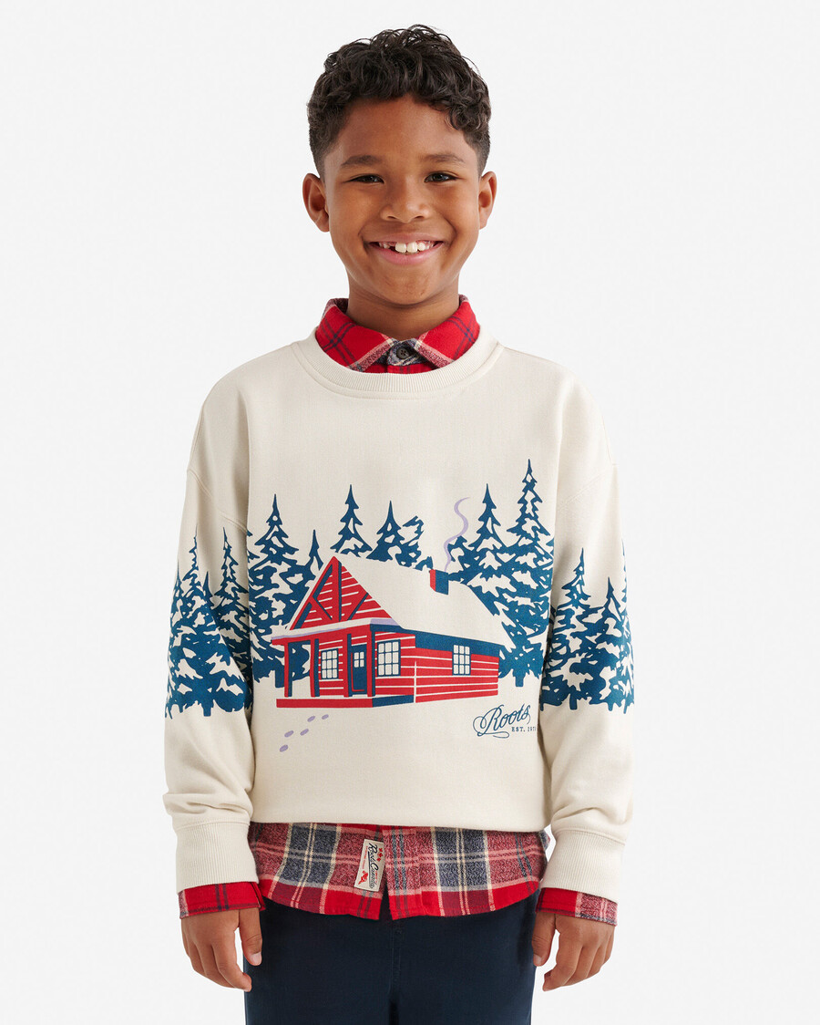 sudadera con capucha y paisaje de cabaña para niños