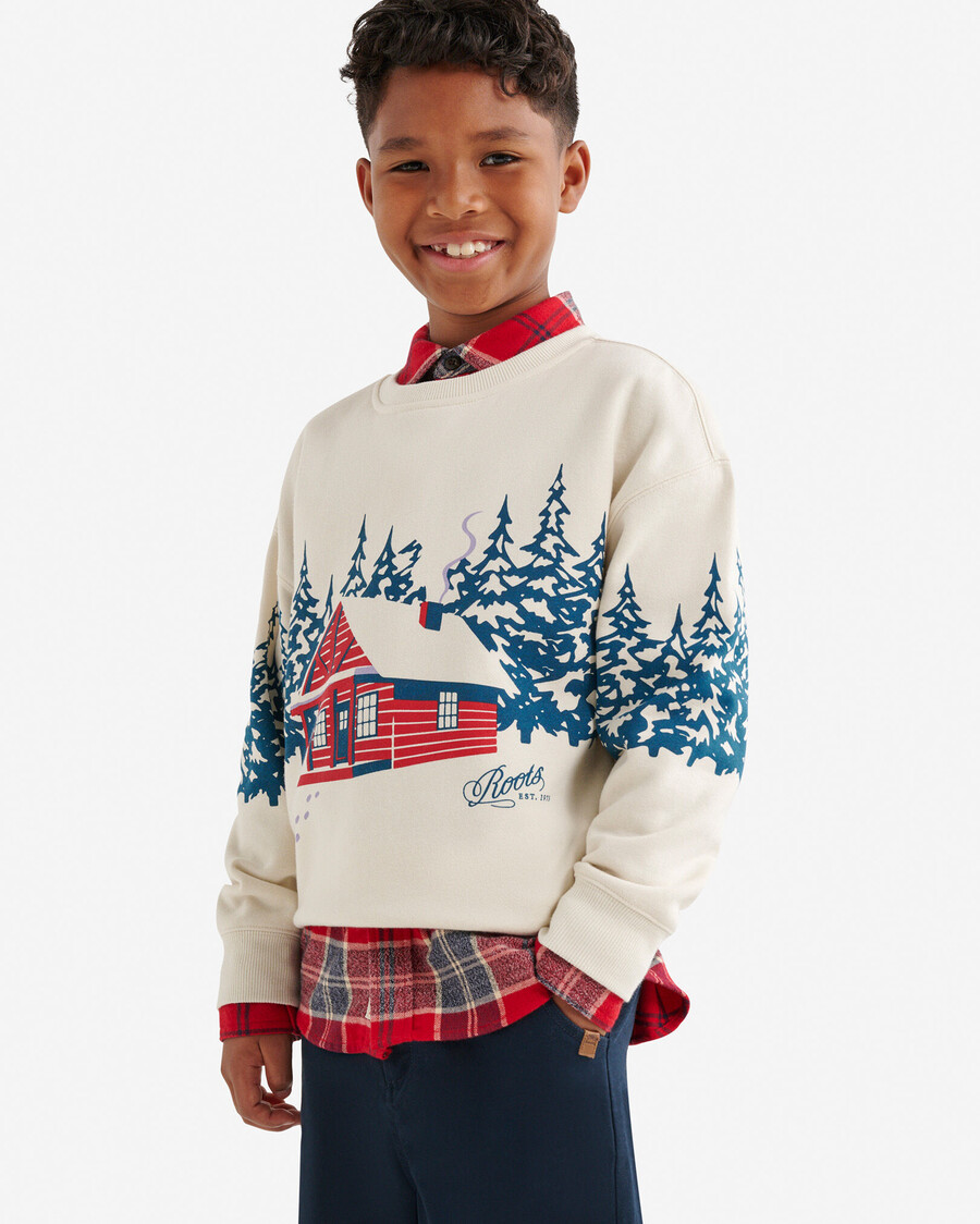 sudadera con capucha y paisaje de cabaña para niños